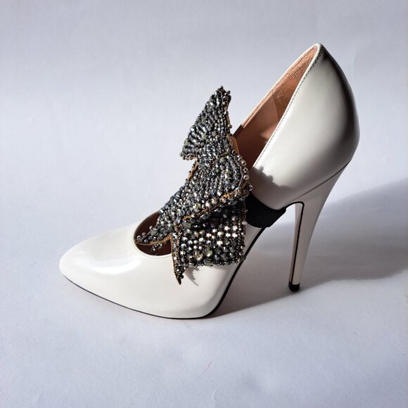 Gucci White Leather Elastic Crystal Bow Pumps Shoes Heels Size 36 / US 6 - Picture 4 of 16